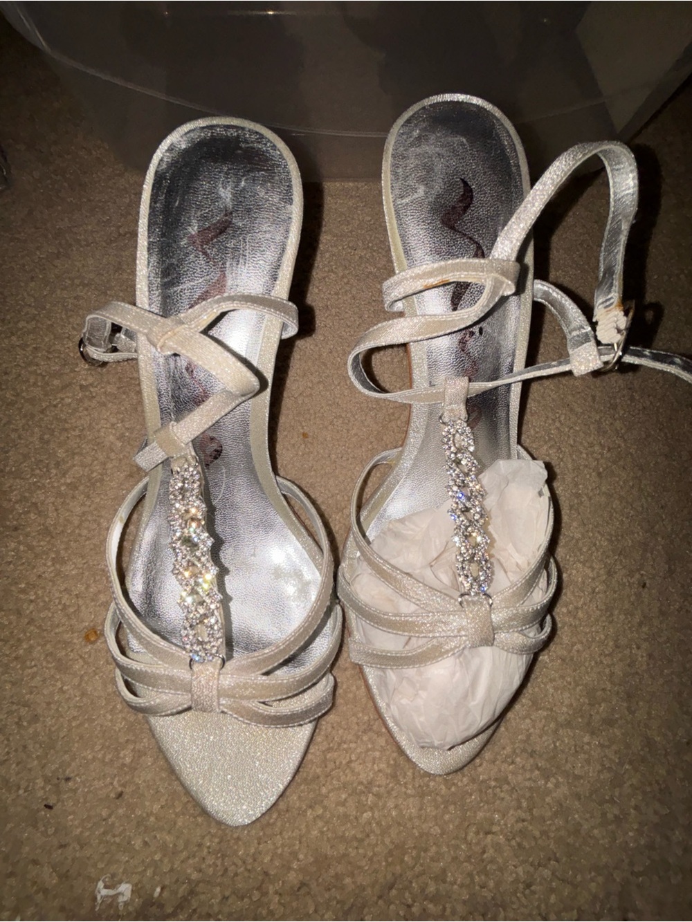 Nina formal solo Silver T-Strap Heels with Crystal Accents